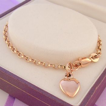 9CT ROSE GOLD 8mm HEART 19cm ADJUST SIZE BELCHER CHARM BRACELET -BO1-HR1980
