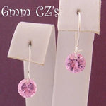 STERLING SILVER 6MM PINK CZ DROP SAFETY HOOK EARRINGS