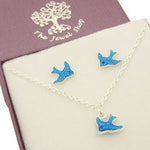 STERLING SILVER BLUE BIRD STUD EARRINGS and NECKLACE SET GIFT BOXED