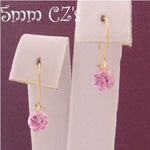 9ct YELLOW GOLD 5MM PINK CZ DROP SAFETY HOOK EARRINGS