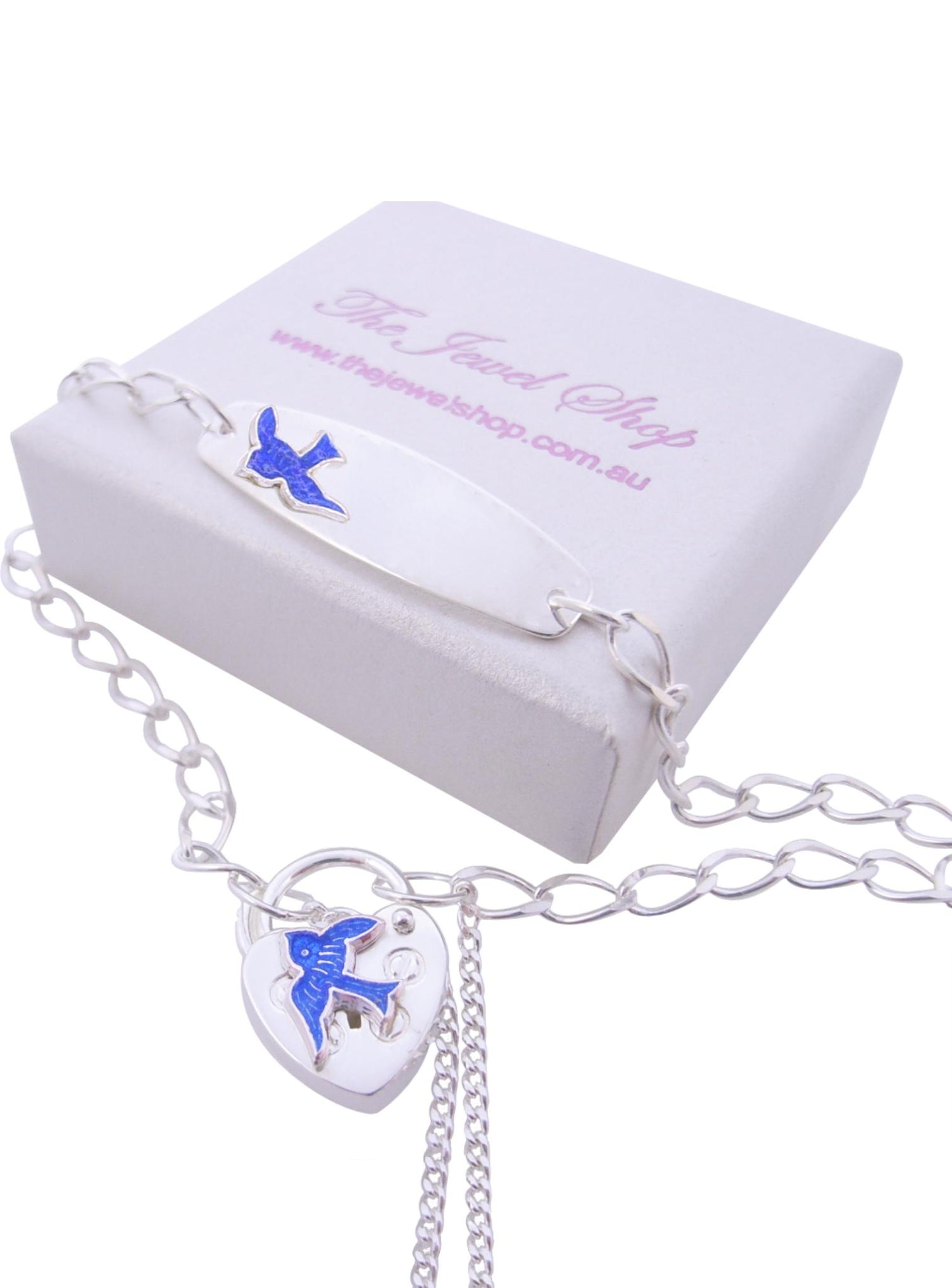 Sterling Silver Bluebird of Happiness Charm Identity Padlock Bracelet 19cm