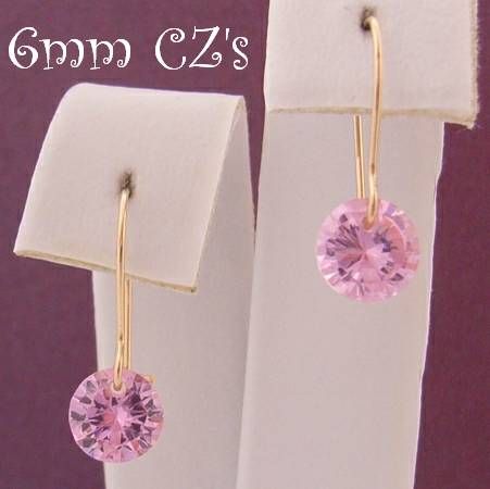 9ct YELLOW GOLD 6MM PINK CZ DROP SAFETY HOOK EARRINGS