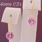 9ct YELLOW GOLD 6MM PINK CZ DROP SAFETY HOOK EARRINGS