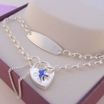 STERLING SILVER BLUEBIRD of HAPPINESS IDENTITY CHARM BELCHER PADLOCK BRACELET 19cm
