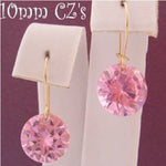 9ct YELLOW GOLD 10MM PINK CZ DROP SAFETY HOOK EARRINGS