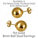 9CT GOLD 8mm BALL STUD DESIGN EARRINGS