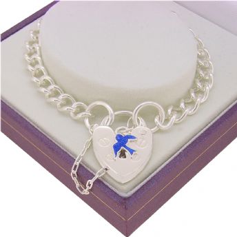 STERLING SILVER BLUEBIRD 4.5mm CURB HEART PADLOCK BRACELET 19CM