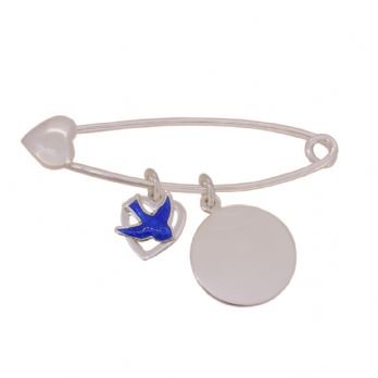 STERLING SILVER BLUEBIRD HEART 16mm COIN BABY PIN BROOCH
