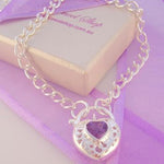STERLING SILVER 4mm CURB AMETHYST HEART PADLOCK NECKLACE 45cm -NLET-OLC100-NPL15AMETH