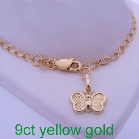 9CT YELLOW GOLD 17cm ADJUST SIZE 10mm BUTTERFLY CHARM CURB BRACELET