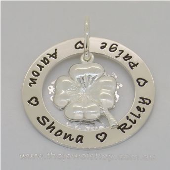 STERLING SILVER 34mm CIRCLE OF LIFE PERSONALISED FOUR LEAF CLOVER CHARM FAMILY NAME PENDANT