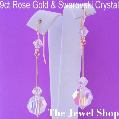9CT ROSE GOLD 10mm SWAROVSKI CRYSTAL DROP DESIGNER HOOK EARRINGS