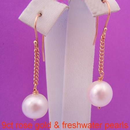 9CT ROSE GOLD 9mm FRESHWATER PEARL CHAIN DROP DESIGNER HOOK EARRINGS