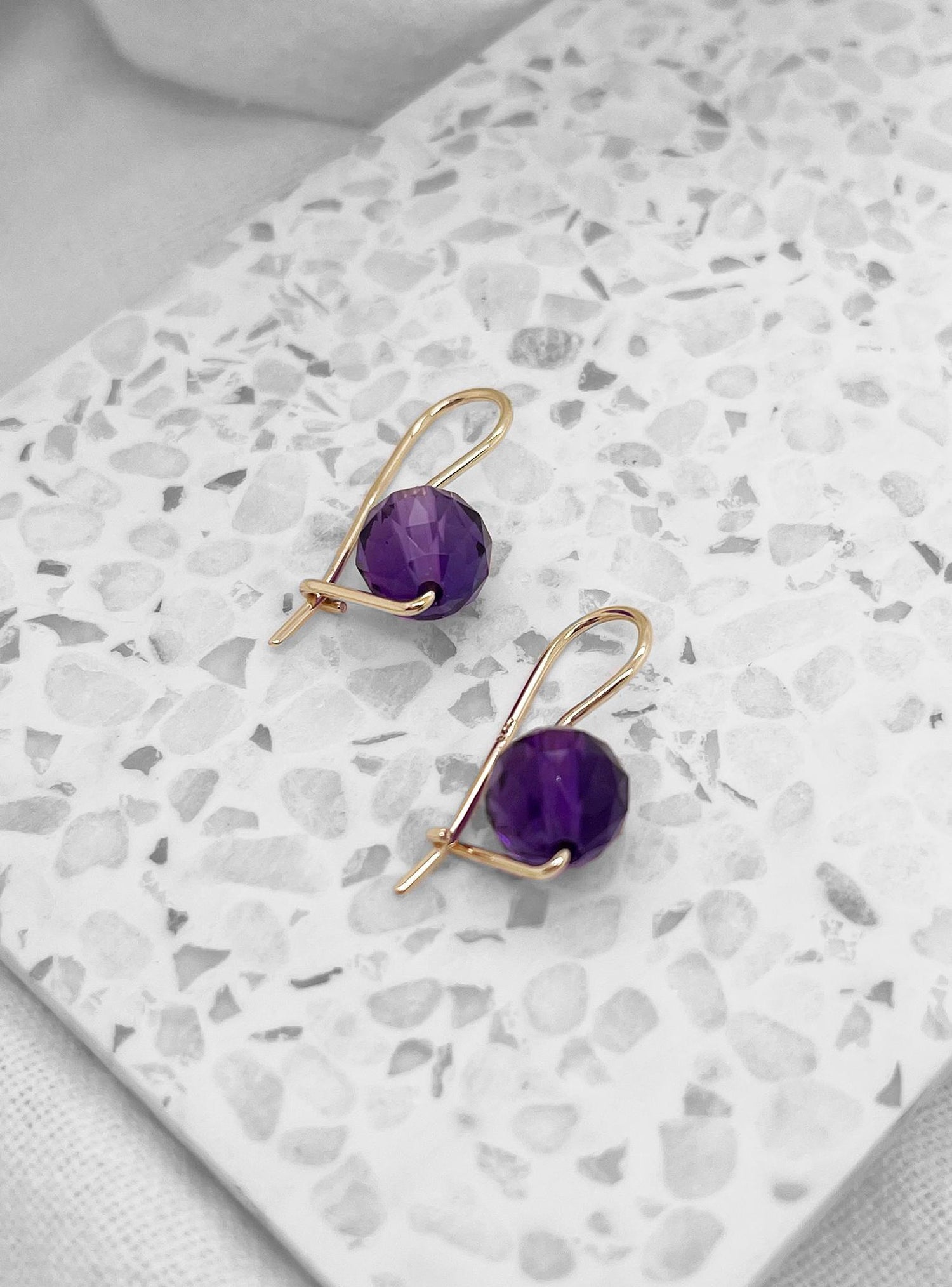 9ct Yellow Gold 8mm Facet Cut Amethyst Euroball Designer Earrings