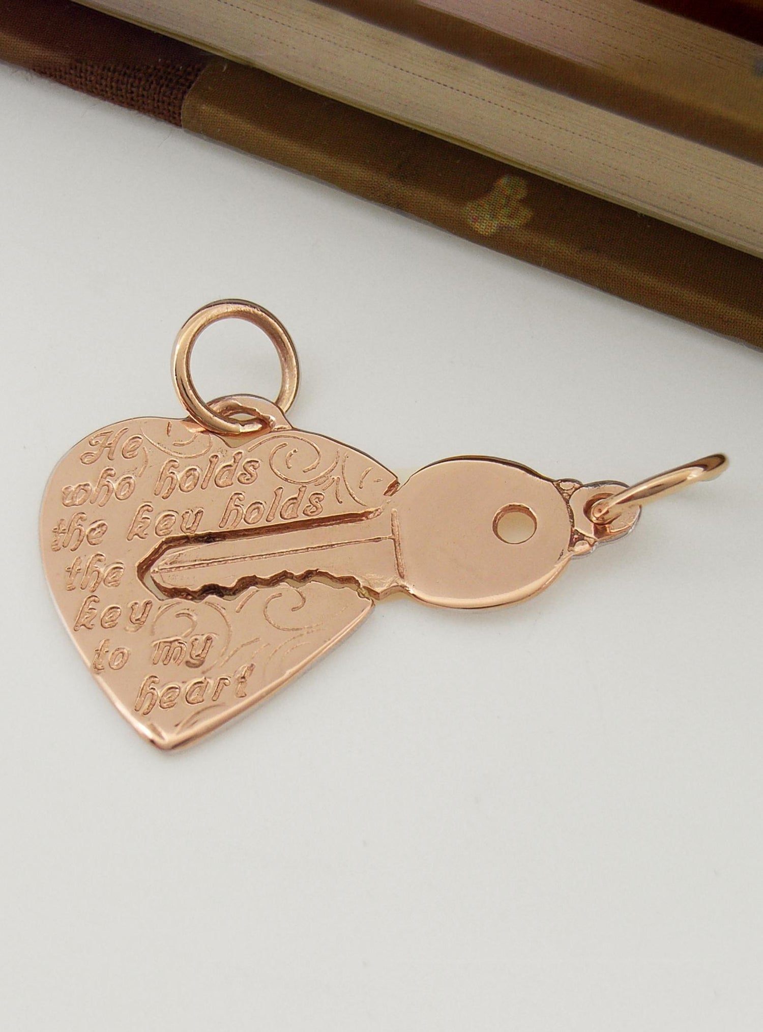 Split Love Heart & Key Charm Pendant in 9ct Rose Gold