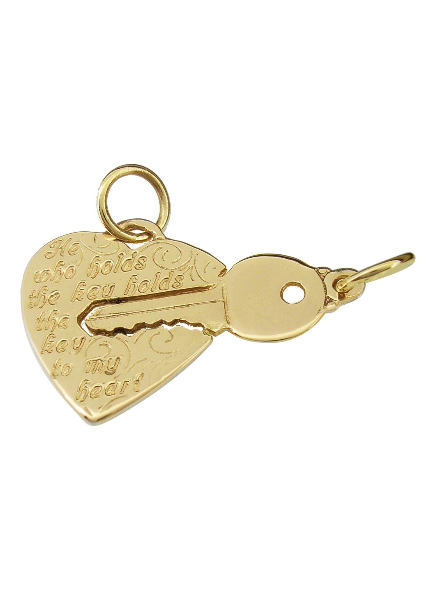 Split Love Heart & Key Charm Pendant in 9ct Yellow Gold