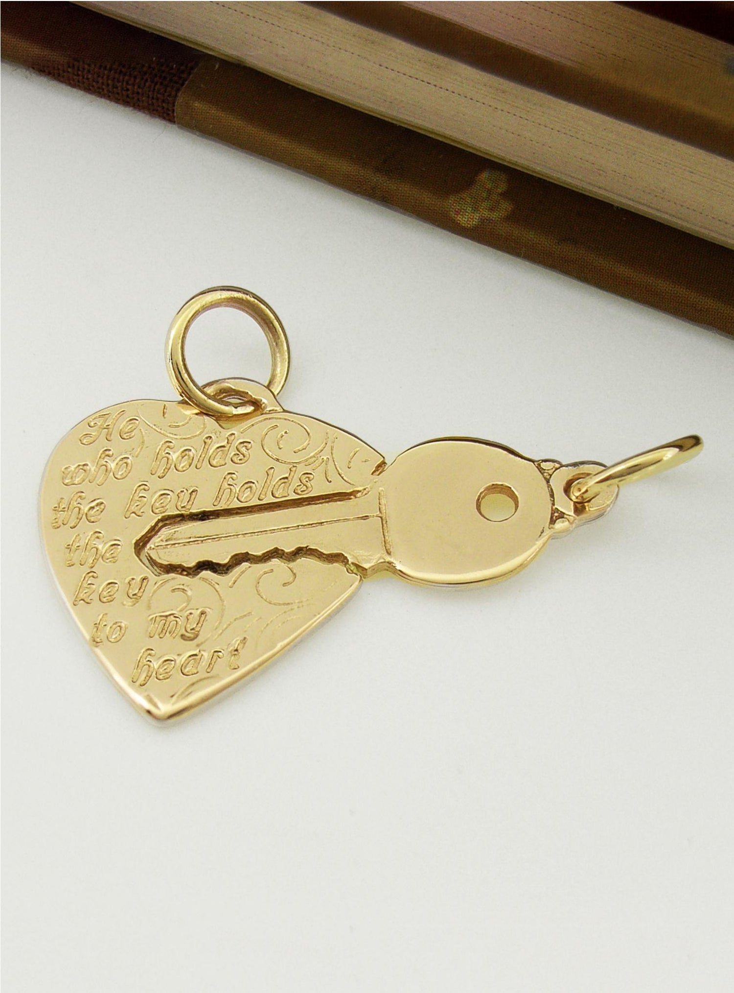 Split Love Heart & Key Charm Pendant in 9ct Yellow Gold