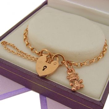 9CT ROSE GOLD 2.5mm BELCHER PADLOCK TEDDY BEAR BRACELET 16.5CM