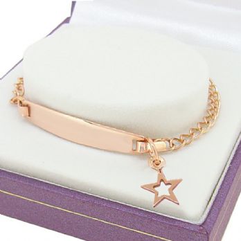 9CT ROSE GOLD CURB IDENTITY LUCKY OPEN STAR CHARM BRACELET