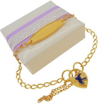 9CT GOLD CURB BLUEBIRD PADLOCK CHARM BRACELET 16CM