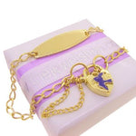 9CT GOLD CURB BLUEBIRD PADLOCK CHARM BRACELET 16CM