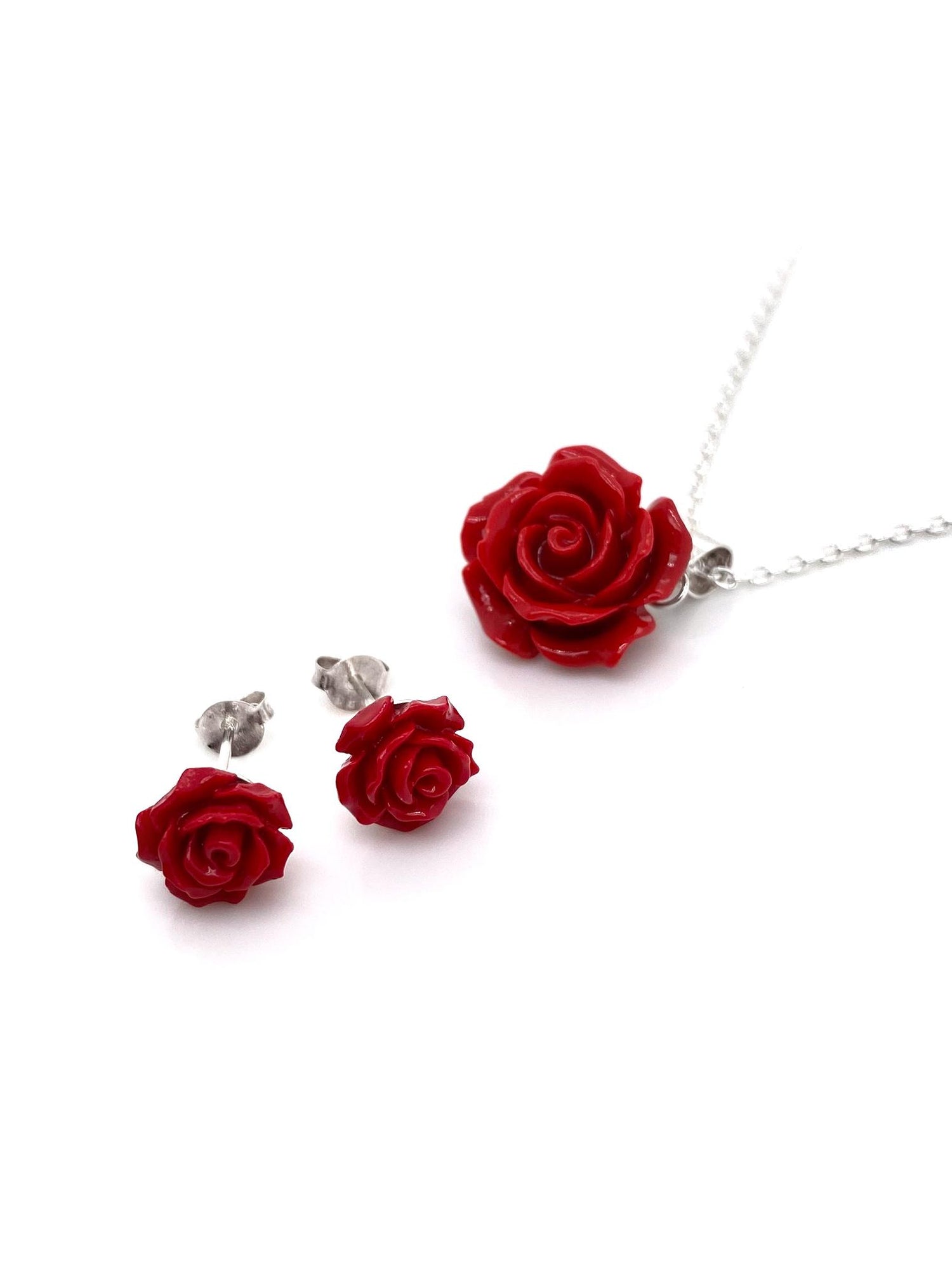 Sterling Silver Red Resin Flower Stud Earrings