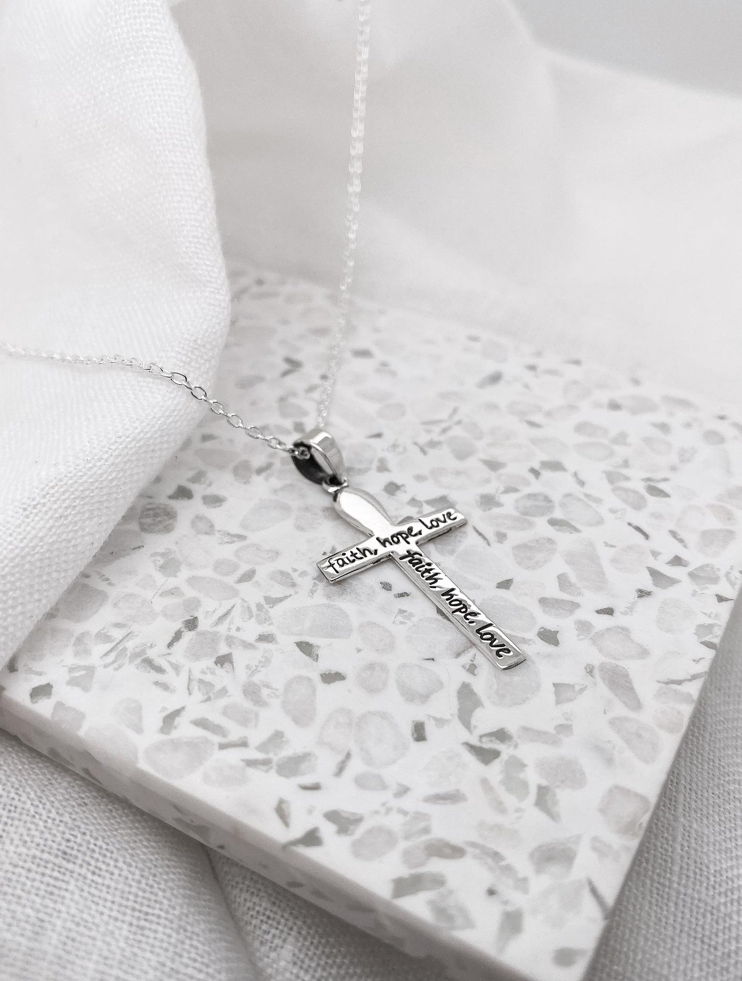 Sterling Silver Cross Faith Hope Love Charm Necklace