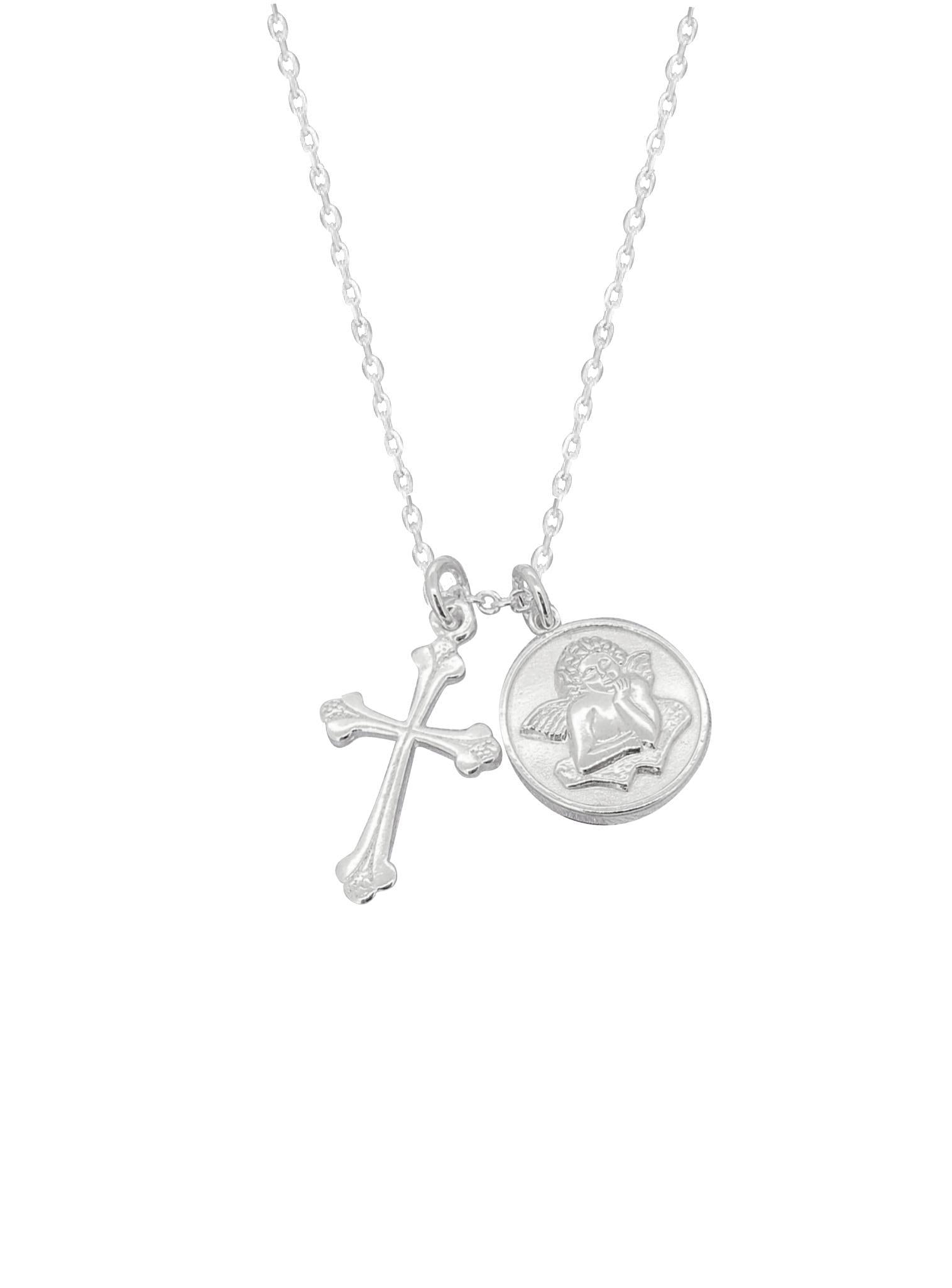Cross Pendant and Guardian Angel Sterling Silver Necklace