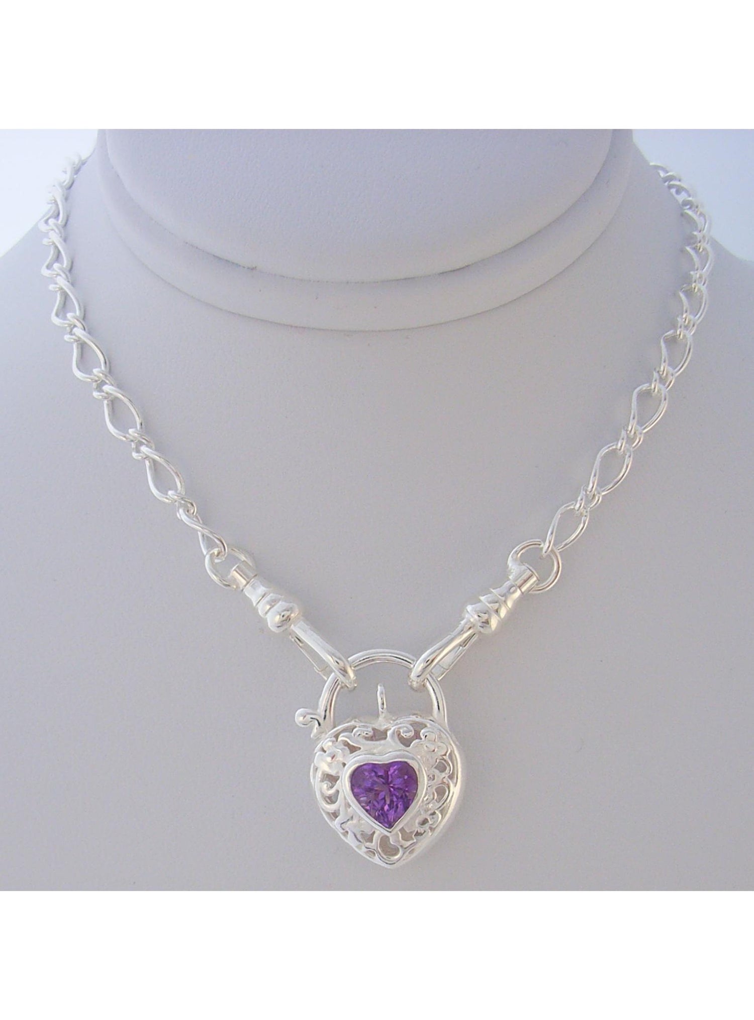 Sterling Silver Amethyst Heart Padlock Necklace 45cm