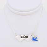 STERLING SILVER DOUBLE HEART IDENTITY MESSAGE DESIGN PERSONALISED BLUEBIRD CHARM NECKLACE