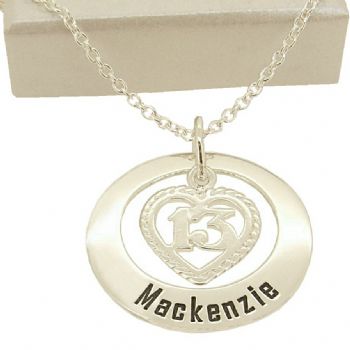 27mm CIRCLE OF LIFE 13th 13 BIRTHDAY HEART PERSONALISED NAME PENDANT NECKLACE