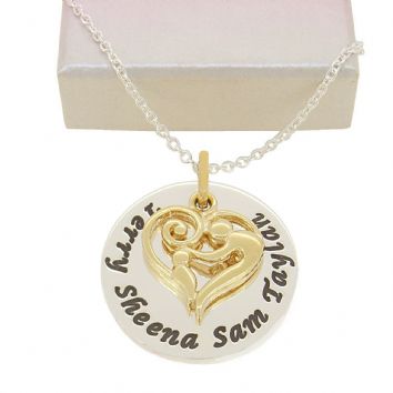 25mm ROUND PERSONALISED 9CT GOLD MOTHER BABY HEART NAME PENDANT