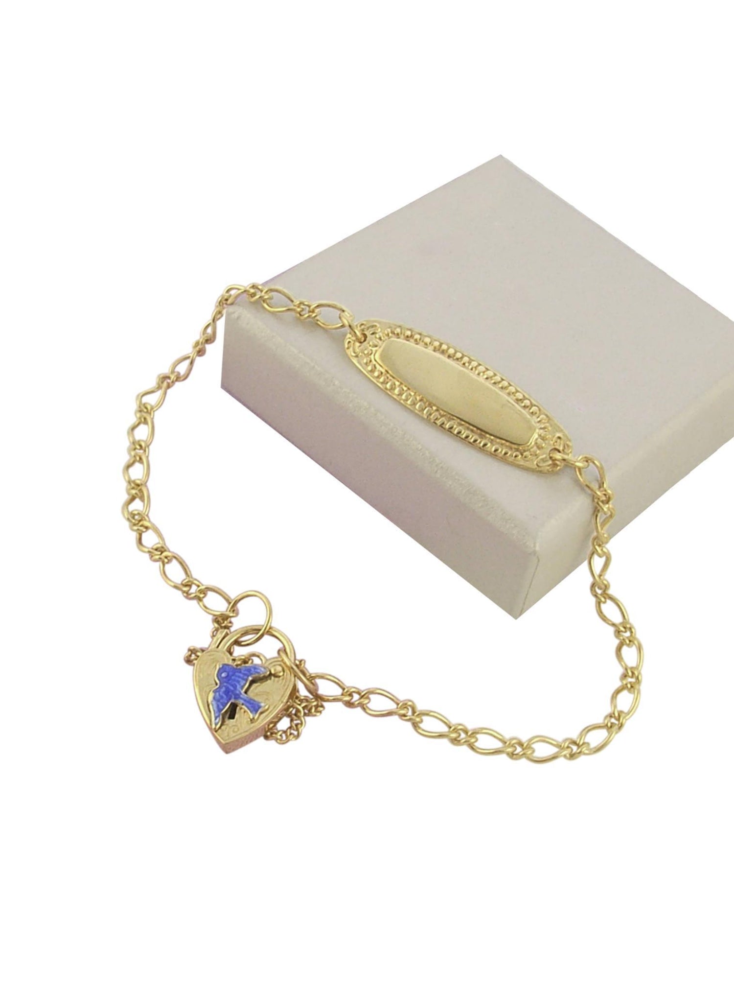 9ct Gold Identity With Bluebird of Happiness Figaro Curb Padlock Charm Bracelet