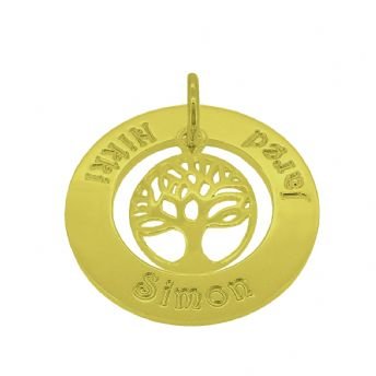 9CT YELLOW GOLD 22mm FAMILY CIRCLE PERSONALISED TREE OF LIFE NAME PENDANT