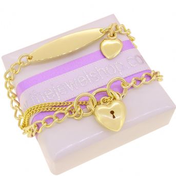 9CT GOLD 3.8mm CURB IDENTITY PUFFED HEART PADLOCK CHARM BRACELET