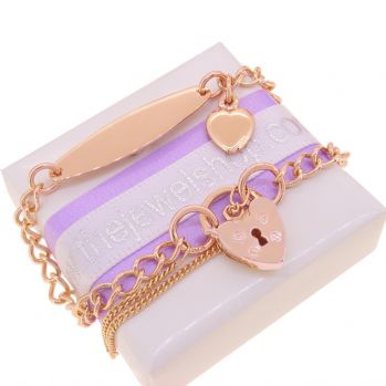 9CT ROSE GOLD 3.8mm CURB IDENTITY FLAT HEART PADLOCK CHARM BRACELET