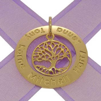 9CT GOLD 37mm CIRCLE FAMILY TREE OF LIFE PERSONALISED NAME PENDANT