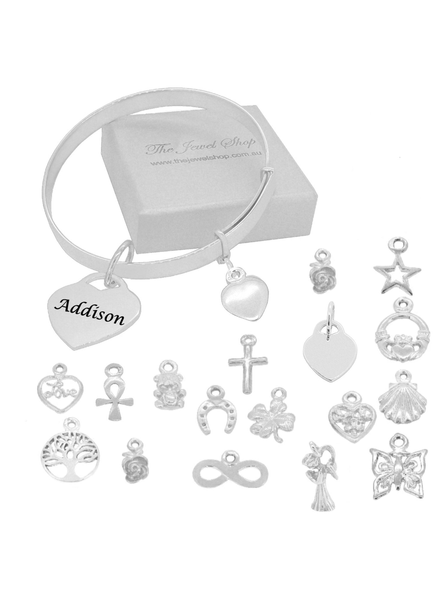 Sterling silver expanding bangle with personalised heart tag and available charm designs