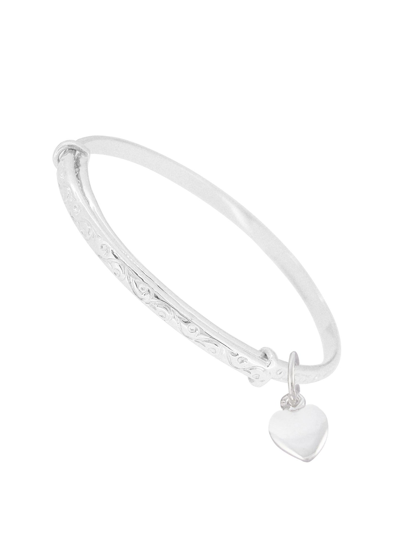 Baby to Adult Solid Sterling Silver 2.8mm Filigree Love Heart Expanding Bangle