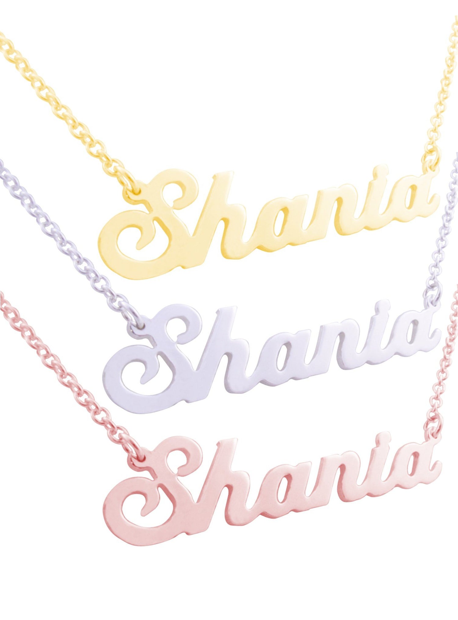 Name Necklace in Solid 9ct White Yellow Rose Gold