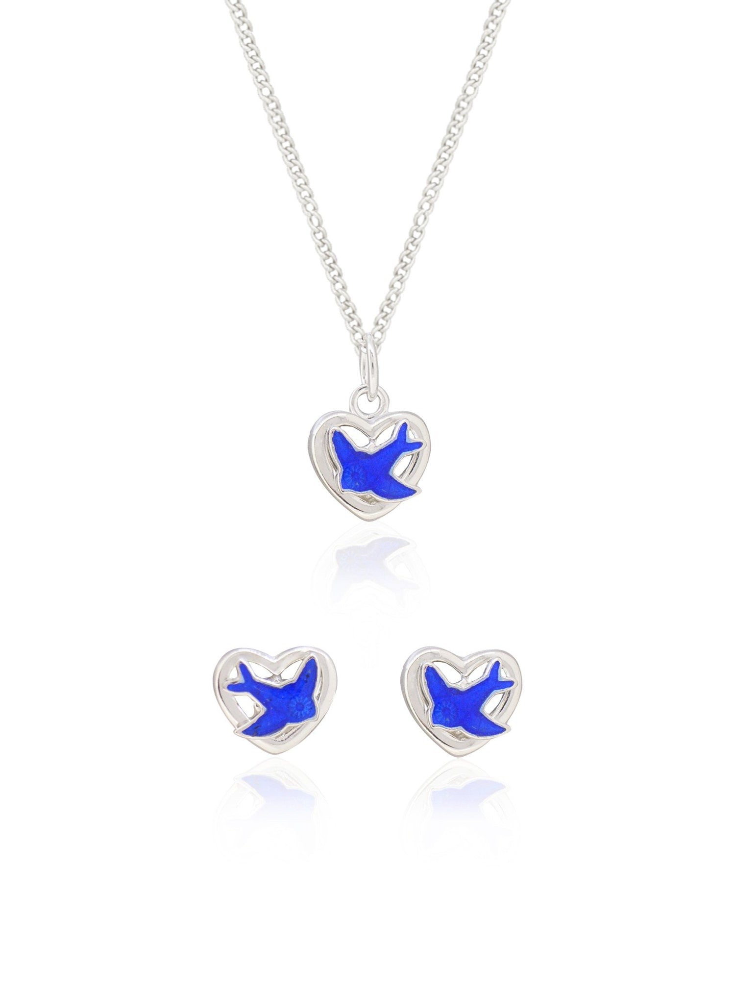 Bluebird Heart Charm Necklace and Earrings Set in Sterling Silver