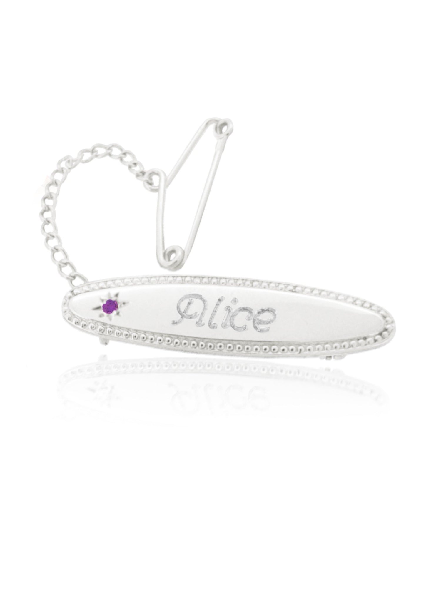 Birthstone Identity Name Baby Brooch in Sterling Silver