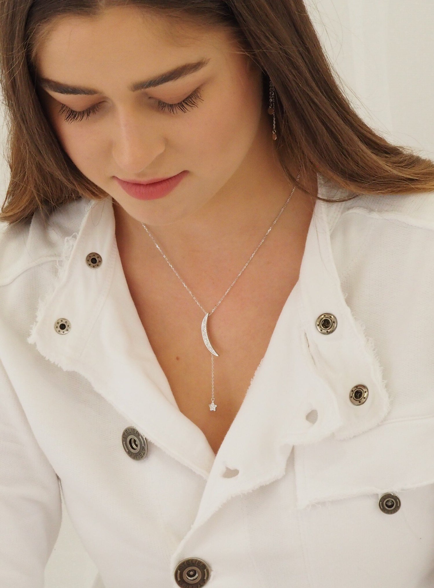 Dakota Star Moon Cz Drop Necklace in Silver