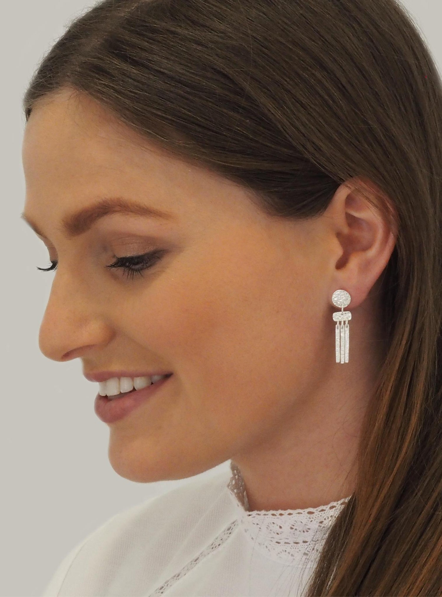Hammered Coin Bar Drop Stud Earrings in Sterling Silver
