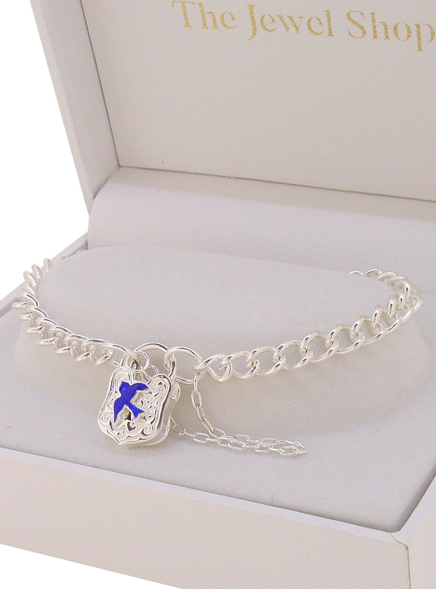 Bluebird Charm Shield Padlock Bracelet in Sterling Silver