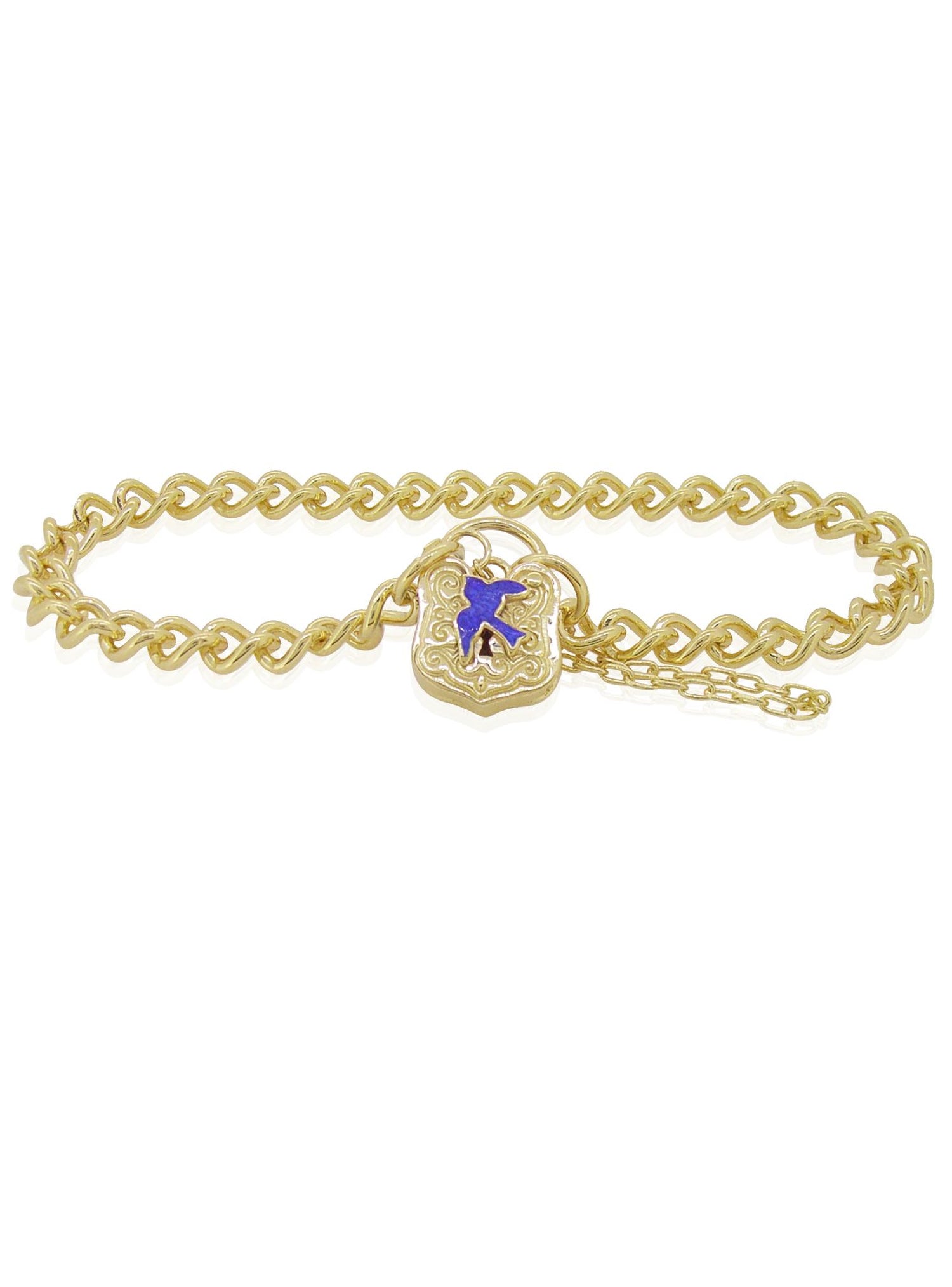 Bluebird Charm Shield Padlock Bracelet in Gold