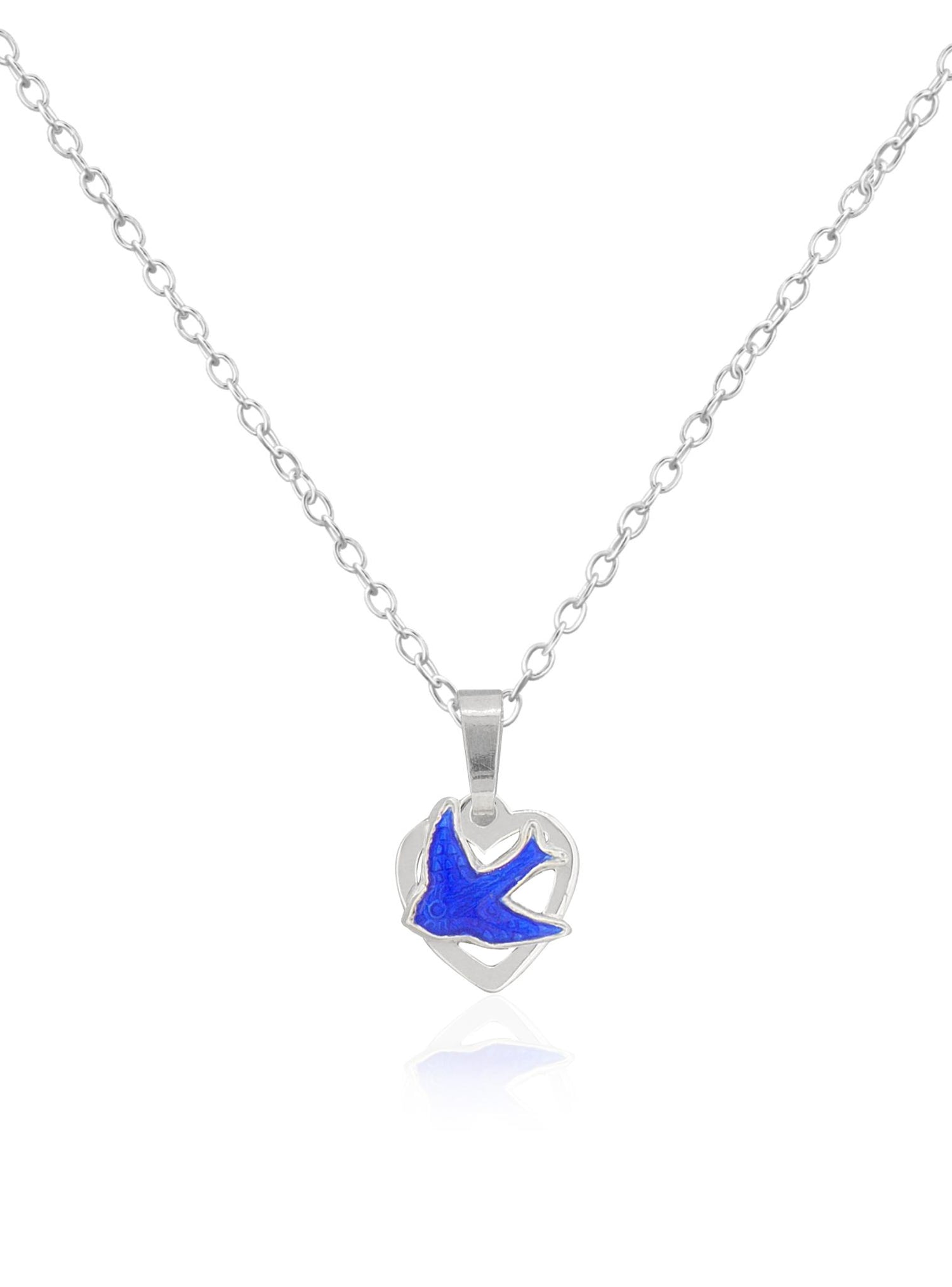 Bluebird Love Heart Charm Necklace Earrings Set in Sterling Silver