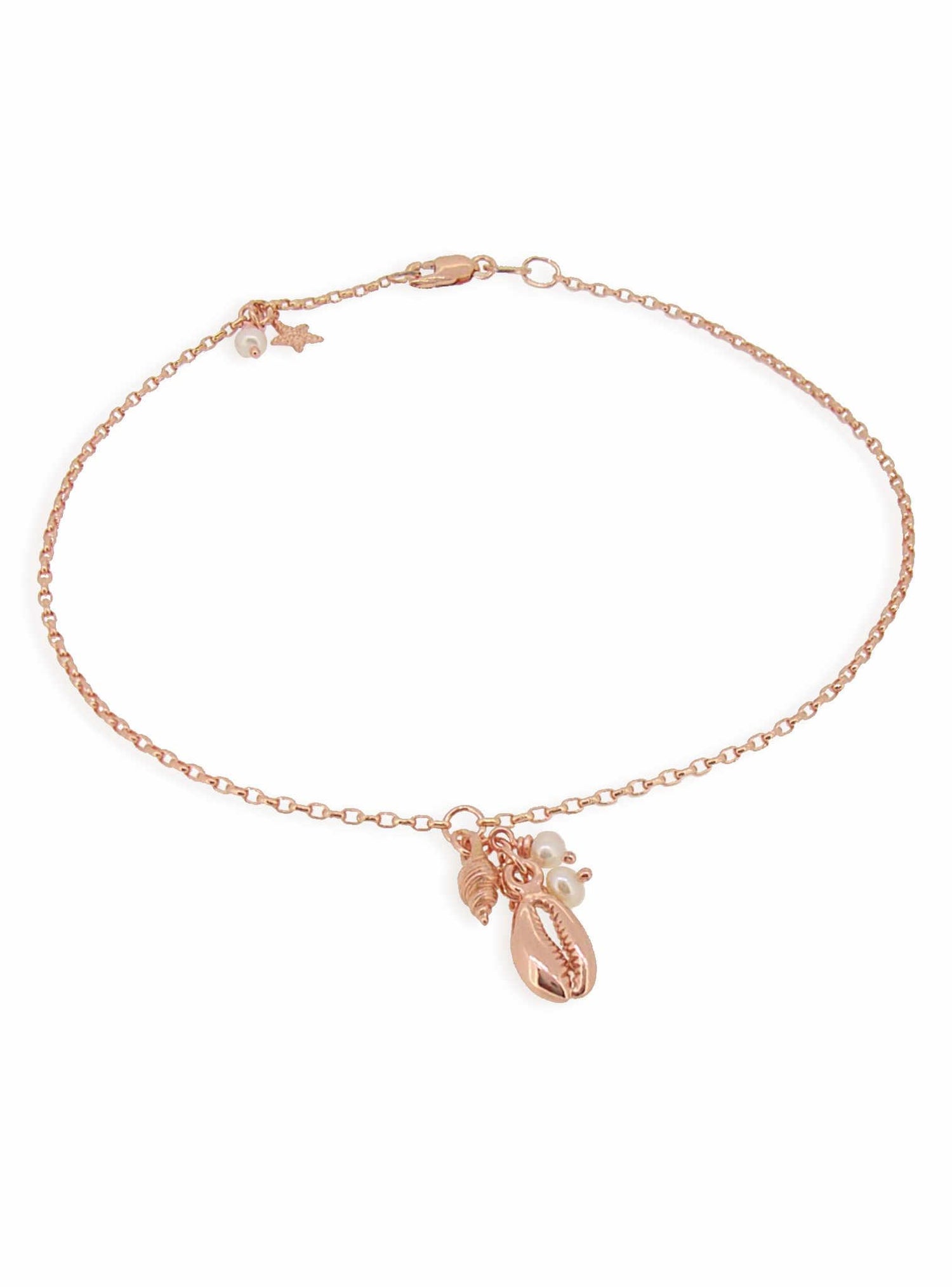Nalu Seashell Pearl Charm Belcher Anklet in 9ct Rose Gold