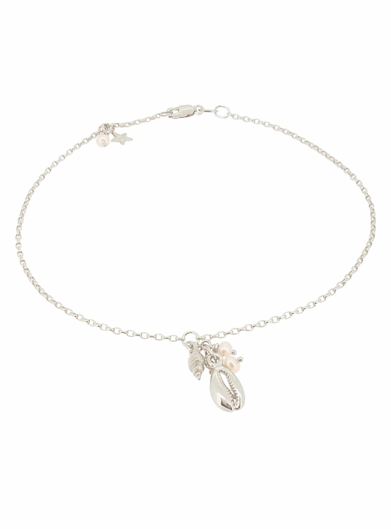 Nalu Seashell Pearl Charm Belcher Anklet in Sterling Silver
