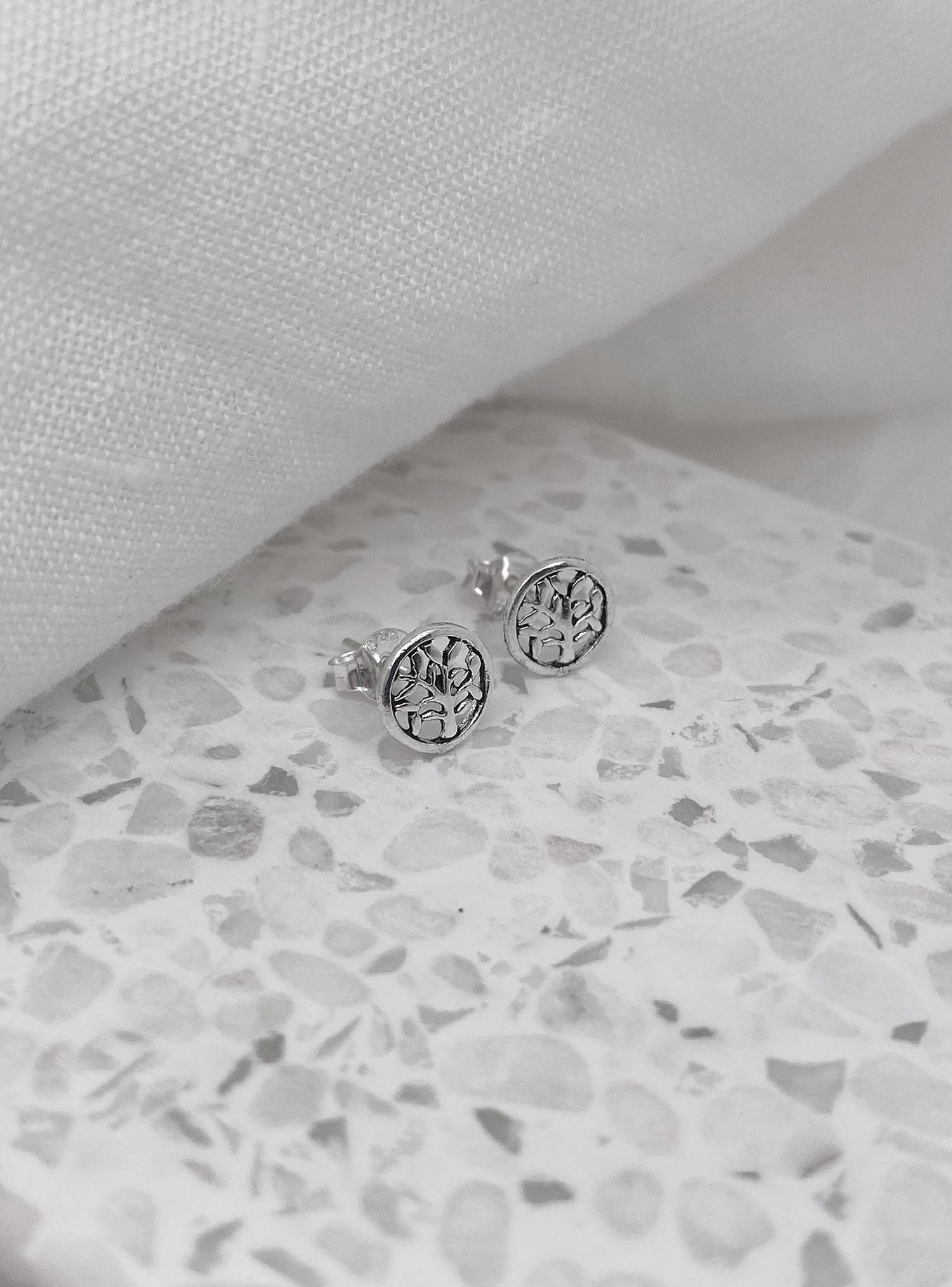 Tree of Life Circle Stud Earrings in Sterling Silver